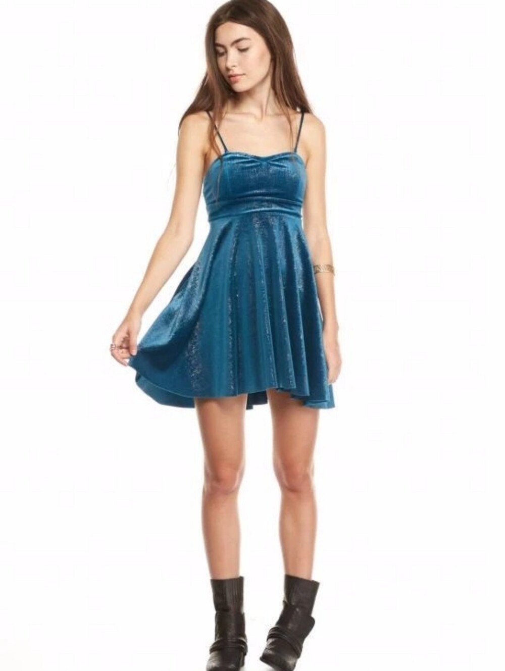 $98 Free People Shattered Velvet Shine Mini Dress Turquoise Strapless Small